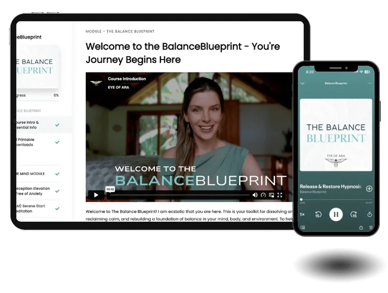 The BalanceBlueprint course area on a tablet, with a guided audio practice playing on a phone